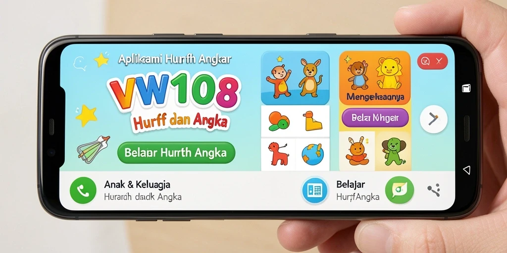 Tampilan antarmuka aplikasi VW108 untuk belajar huruf dan angka.